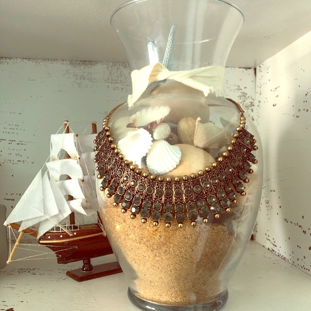 Brass-Colored Green Gem Necklace